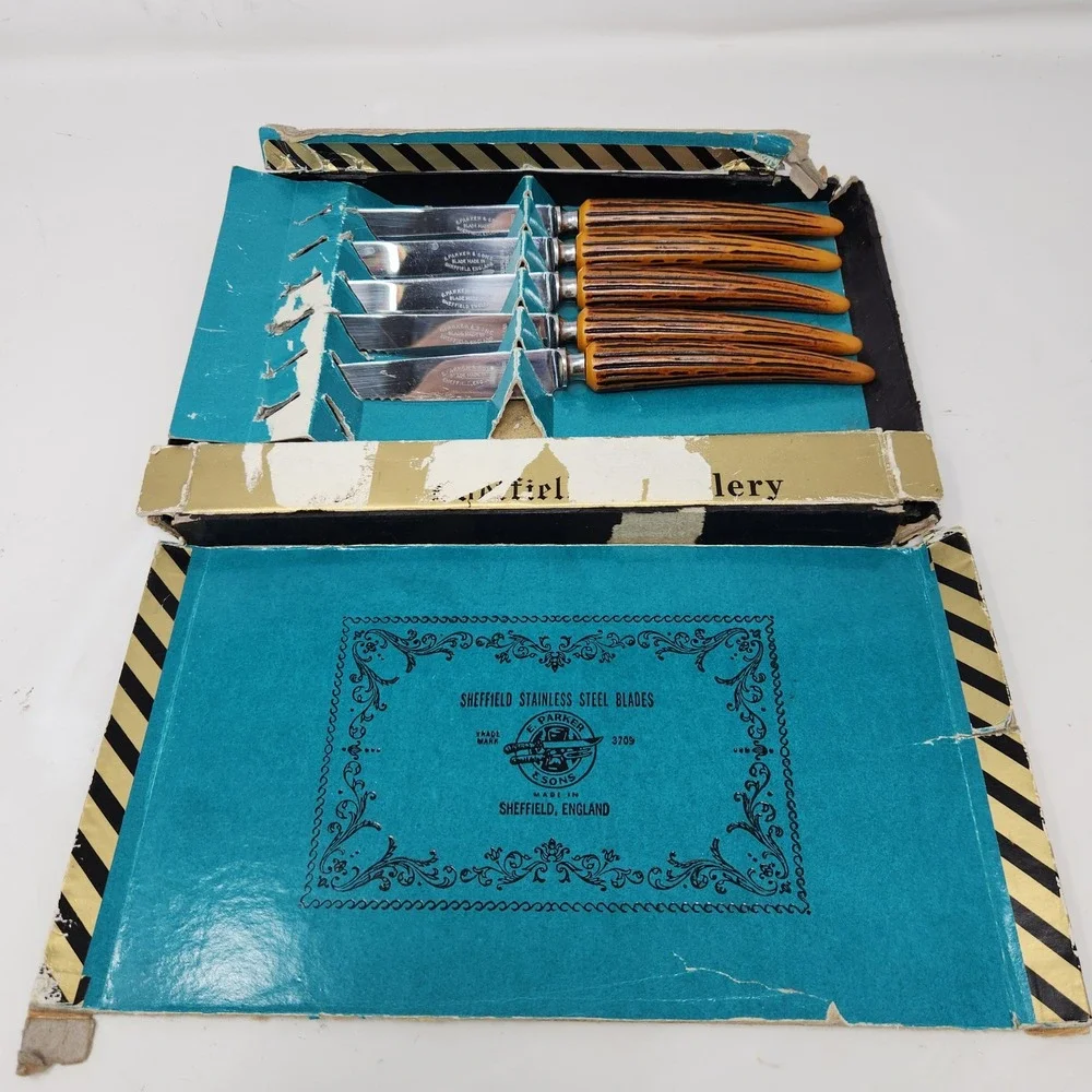Vintage E Parker & Sons Sheffield England 5pc Steak Knife Set Faux Stag Bakelite
